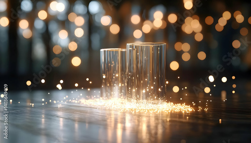 Obraz na płótnie Two Sparkling Glass Water Glasses on Dark Table with Warm Bokeh Background w salonie