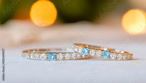 Obraz na płótnie Two Sparkling Wedding Rings Adorned with Blue Gemstones on an Elegant White Tablecloth w salonie