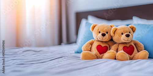 Two Teddy Bears with Red Heart Pillows Sitting on Soft Bedding in Bedroom Interior