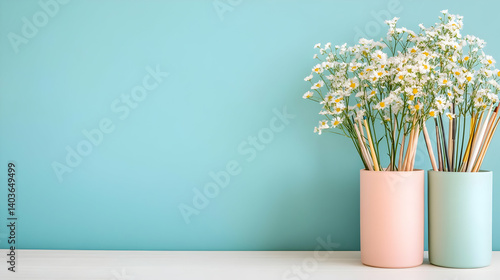 Obraz na płótnie Two Vases Full of Daisies in Pastel Shades on White Table Against Soft Blue Background Still Life w salonie