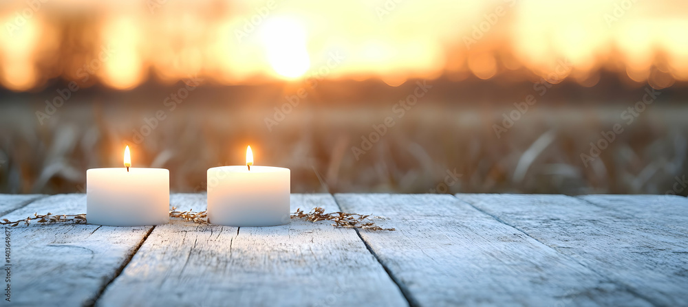 Two White Candles Lit on Rustic Wooden Table at Sunset Providing Warm Glow and Peaceful Atmosphere