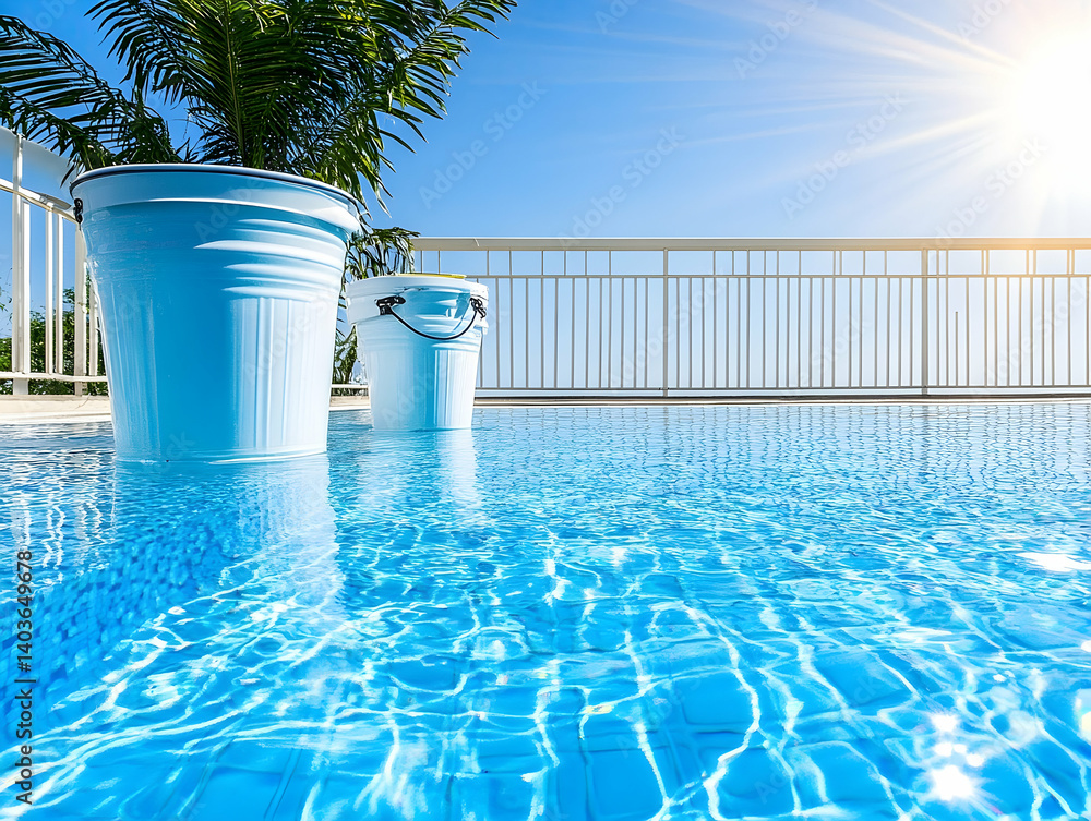 Two White Buckets by a Swimming Pool with Bright Sunlight and Aqua Blue Water Reflecting Clear Skies in Summer