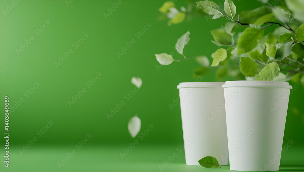 Two White Paper Cups with Green Leaves Against a Green Backdrop Still Life Mockup Coffee or Tea Disposable Container