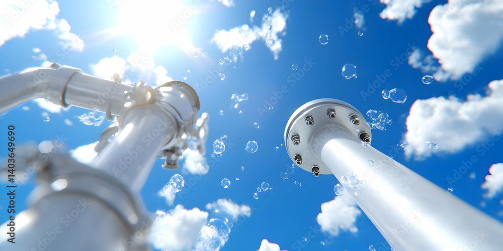 Two White Industrial Pipes Under Blue Sky with Puffy Clouds and Bubbles on a Sunny Day
