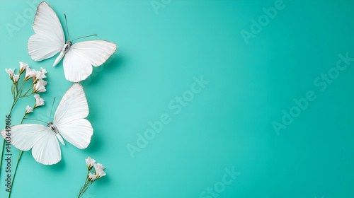 Obraz na płótnie Two White Butterflies and Small White Flowers on a Turquoise Background Top View w salonie