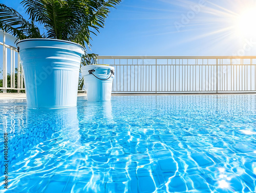 Obraz na płótnie Two White Buckets by a Swimming Pool with Bright Sunlight and Aqua Blue Water Reflecting Clear Skies in Summer w salonie