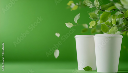 Obraz na płótnie Two White Paper Cups with Green Leaves Against a Green Backdrop Still Life Mockup Coffee or Tea Disposable Container w salonie