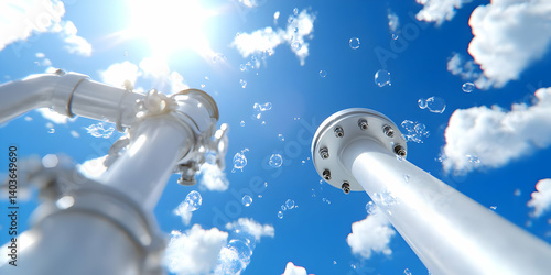 Obraz na płótnie Two White Industrial Pipes Under Blue Sky with Puffy Clouds and Bubbles on a Sunny Day w salonie