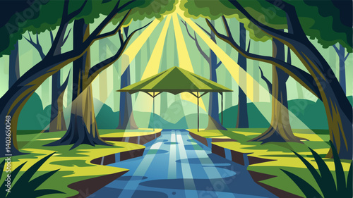 Sunlight filters through the canopy casting dappled patterns on the bayous surface.