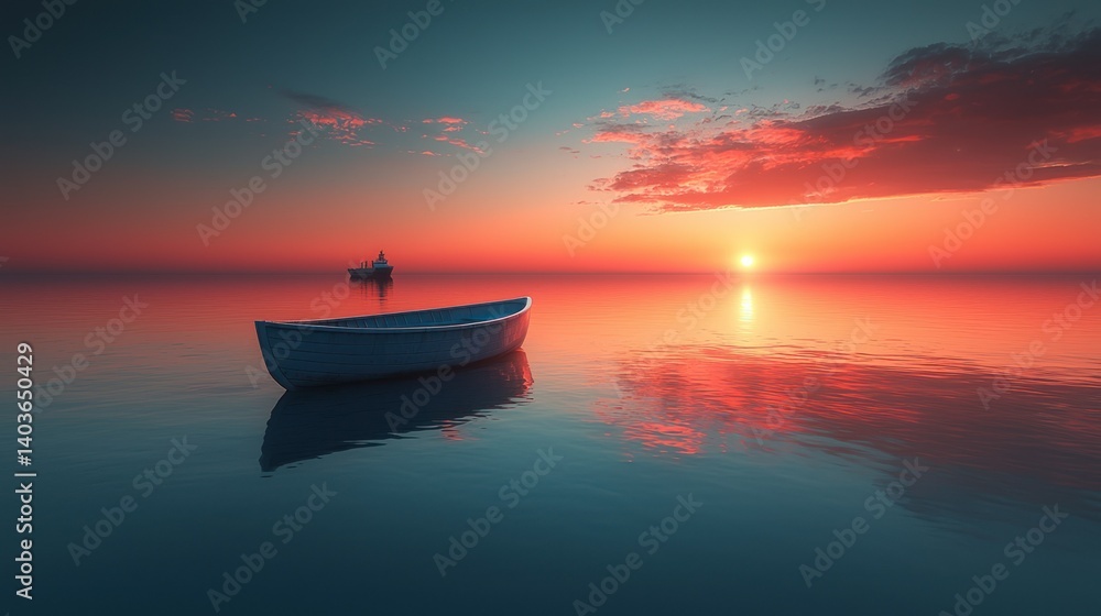 Naklejka premium Serene Sunset over Calm Waters with a Small Boat