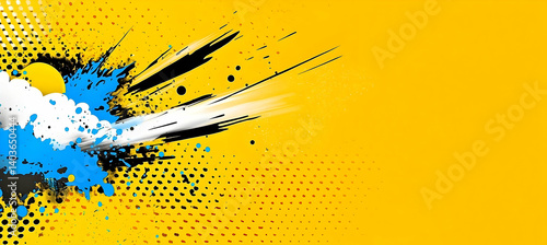 Vibrant Abstract Background with Comic Book Pop Art Style Halftone and Splashes of Blue and White on a Yellow Backdrop
