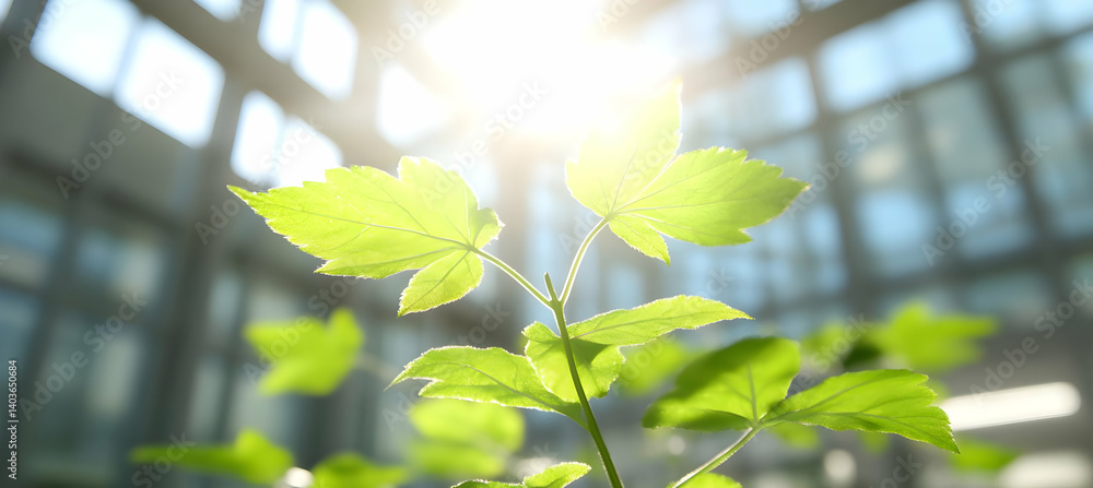 Vibrant Green Leaves Illuminated By Sunlight Against Blurred Glass Windows Background Symbolizing Growth And Environmental Awareness