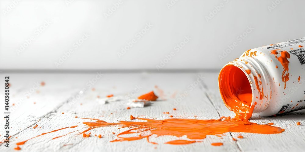 Vibrant Orange Paint Spilling From White Bottle Creating Splatter on White Wood Surface in Bright Studio Lighting