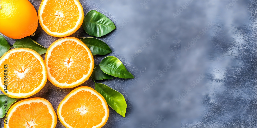 Vibrant Orange Slices and Whole Fruit with Green Leaves on Textured Gray Backdrop a Fresh and Healthy Still Life
