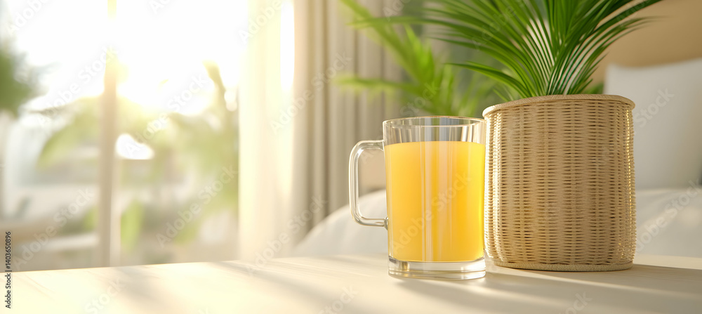 Vibrant Orange Juice in Glass Jar Beside Plant Pot on Wooden Table Lit by Morning Sunlight Near Bright Window