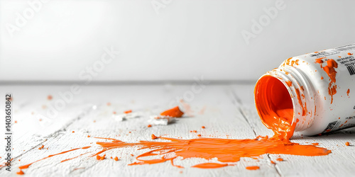 Obraz na płótnie Vibrant Orange Paint Spilling From White Bottle Creating Splatter on White Wood Surface in Bright Studio Lighting w salonie