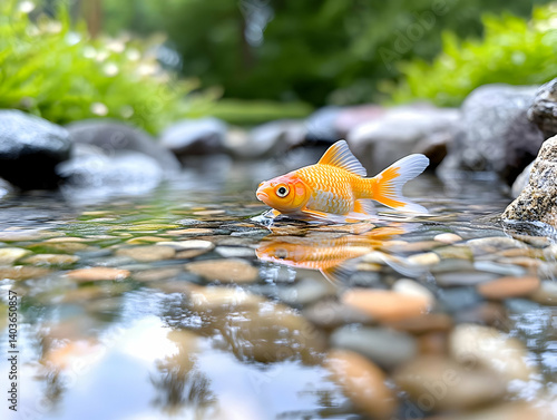 Vibrant Orange Goldfish Resting in Clear Stream with Smooth Pebbles and Greenery Background Tranquil Aquatic Scene