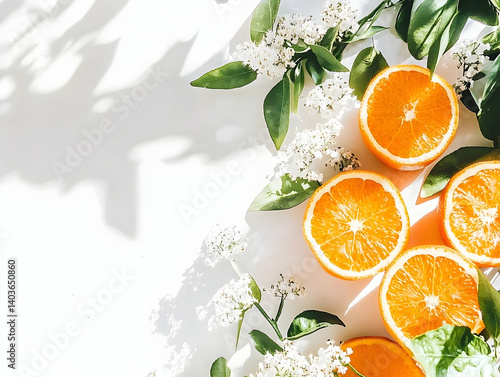 Obraz na płótnie Vibrant Orange Slices with White Flowers on White Background in Bright Studio Shot Still Life w salonie