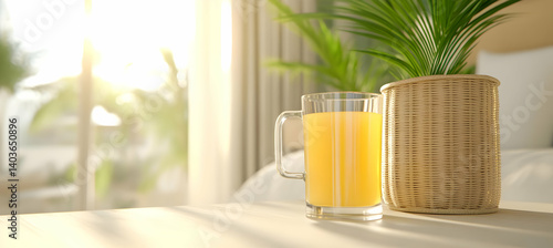 Obraz na płótnie Vibrant Orange Juice in Glass Jar Beside Plant Pot on Wooden Table Lit by Morning Sunlight Near Bright Window w salonie