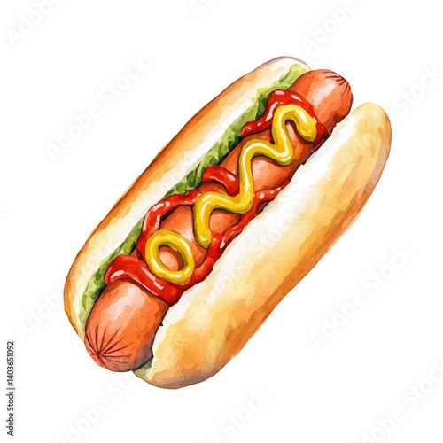 Hot Dog With Ketchup And Mustard Swirl, vector watercolor illustration, isolated on a white background.