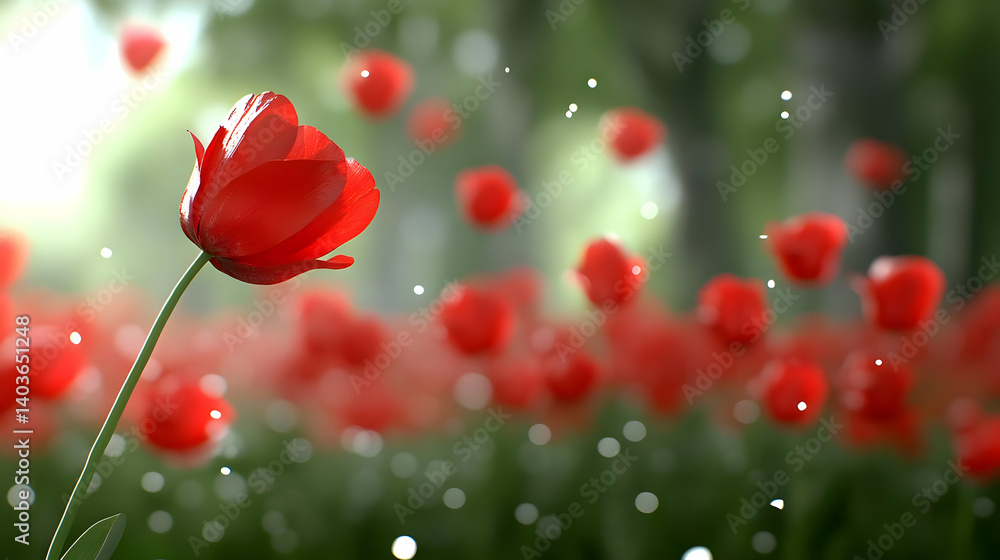 Fototapeta premium Vibrant Red Tulips Blooming in a Lush Green Field Under Bright Sunlight Creating a Colorful Floral Landscape