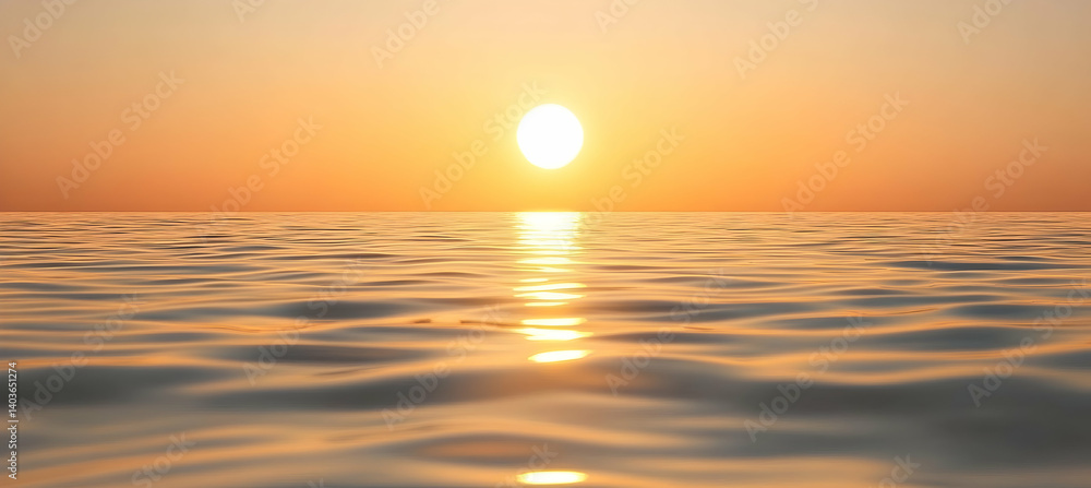 Vibrant Sunset Over Calm Sea with Golden Light Reflecting on Water Surface and Clear Sky Vibrant Sunset Over Calm Sea with Golden Light Reflecting on Water Surface and Clear Sky