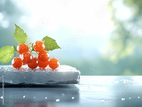 Vibrant Redcurrant Berries with Fresh Green Leaves on Dark Wet Surface Against Blurred Forest Backdrop