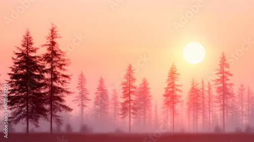 Vibrant Sunrise Through Misty Pine Forest Landscape with Silhouetted Trees in Orange and Pink Hues