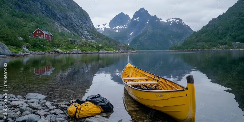 Vibrant Yellow Rowboat Resting Near Lake Surrounded by Rocky Shore and Towering Mountains with Scenic Cabin in Norway Serene Landscape