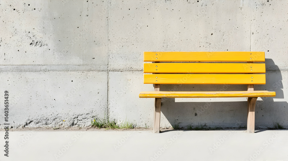 Vibrant Yellow Bench Against a Textured Concrete Wall in Bright Daylight offering a Simple Urban Scene