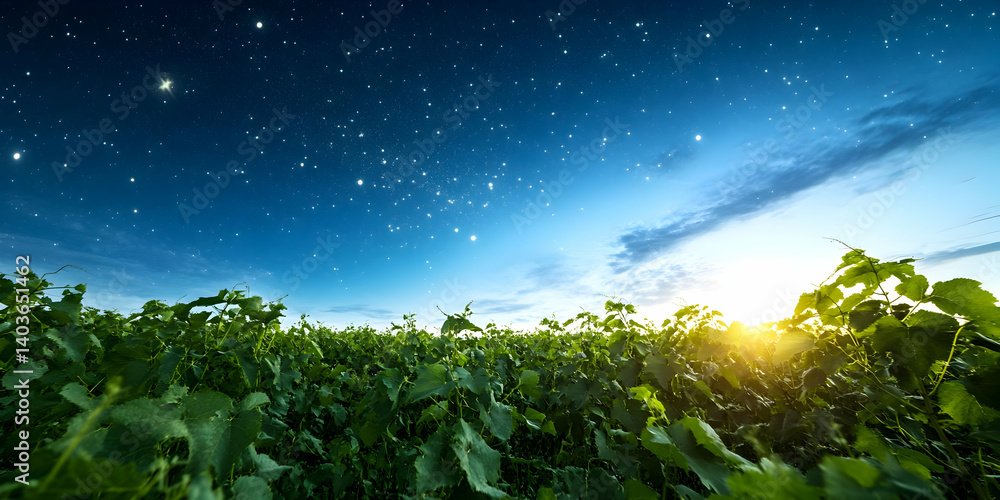 Vineyard Landscape at Night Under a Starry Sky with Soft Sunlight and Green Foliage