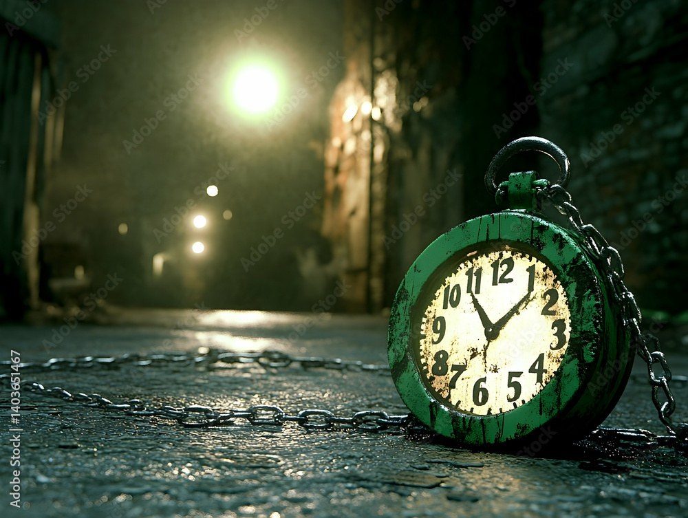 Vintage Green Pocket Watch with Chain on Cobblestone Street at Night with Moody Lighting and Brick Wall Background