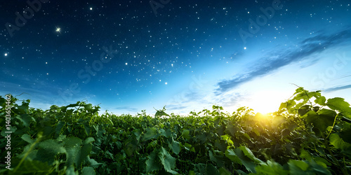 Obraz na płótnie Vineyard Landscape at Night Under a Starry Sky with Soft Sunlight and Green Foliage w salonie