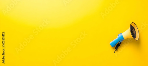 Obraz na płótnie Vibrant Yellow Background with Sleek Blue and Yellow Megaphone Communication Icon w salonie