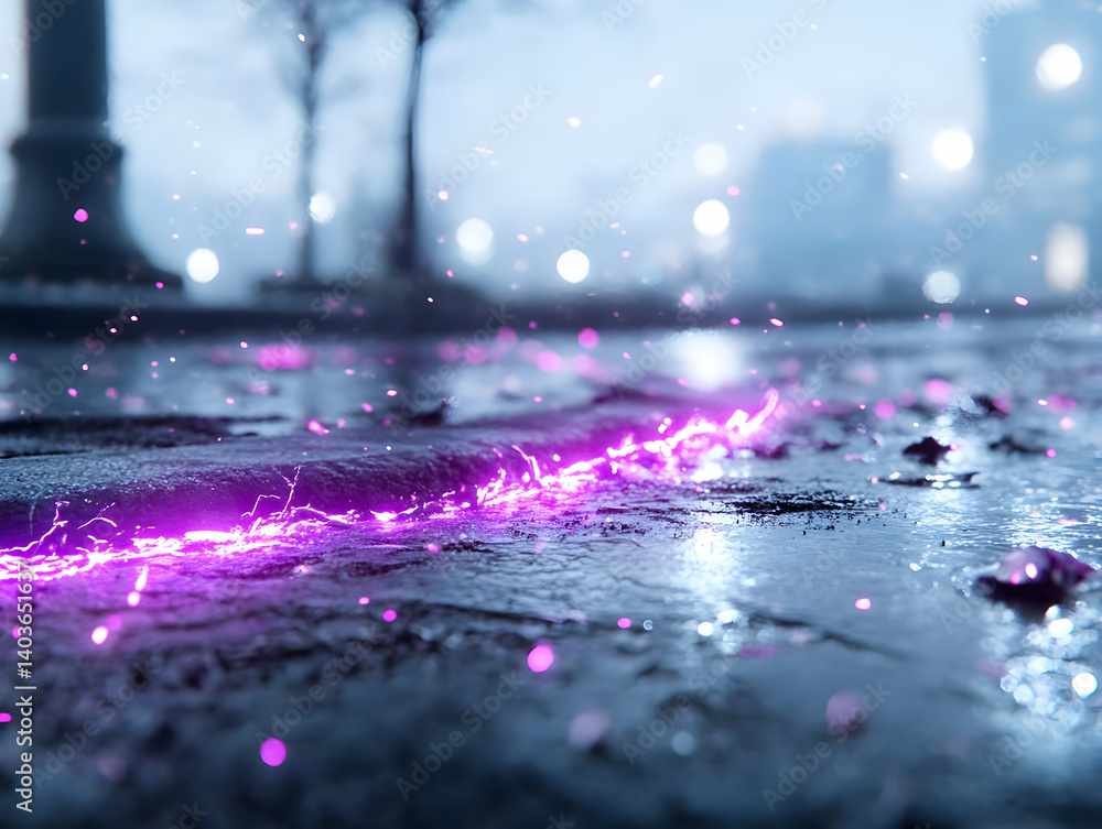 Vivid Purple Light Streaks on Wet Pavement in City At Night With Bokeh