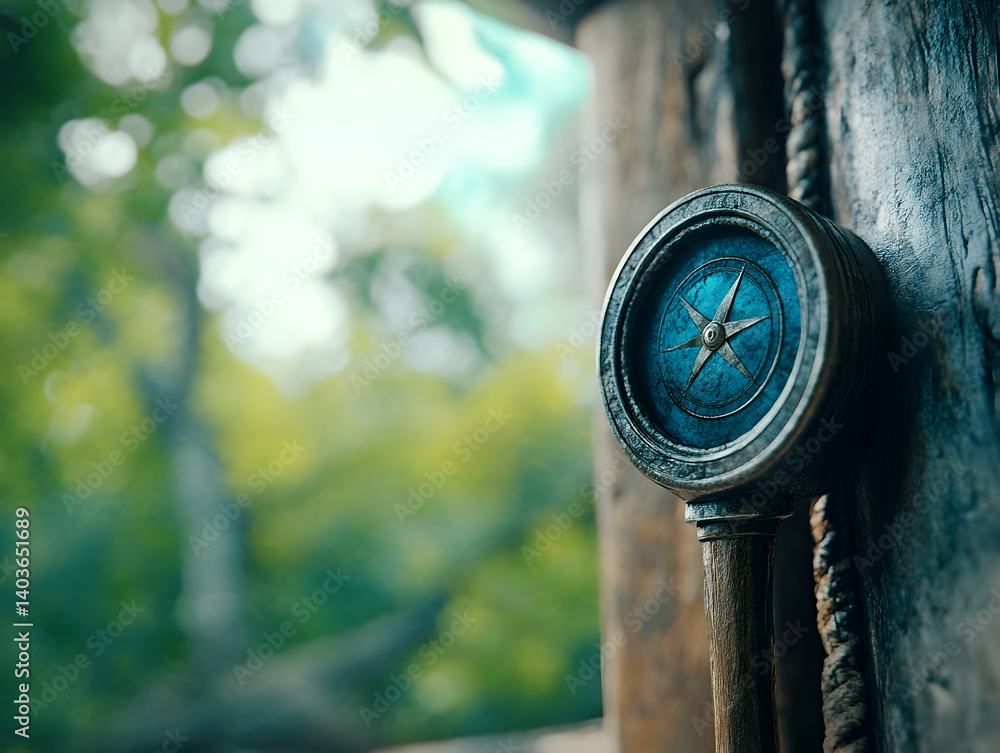 Vintage Blue Compass on Wooden Frame with Blurred Green Forest Background