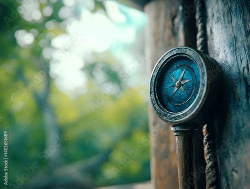 Obraz na płótnie Vintage Blue Compass on Wooden Frame with Blurred Green Forest Background w salonie