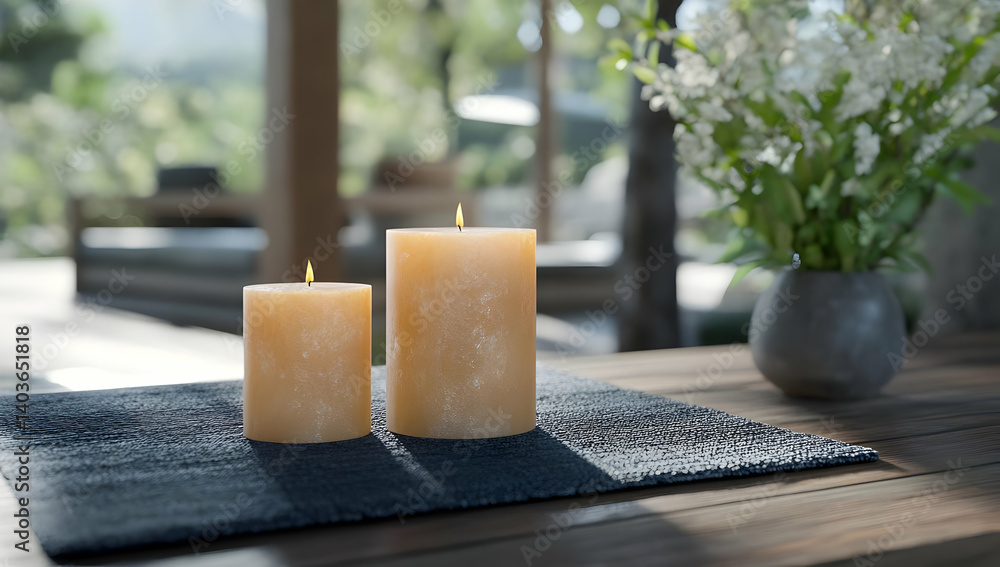 Warm Beige Candles on Wooden Table with Floral Centerpiece Creates Cozy Indoor Atmosphere