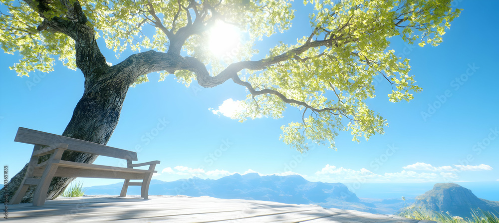 Voxelated Landscape View of Green Tree and Wooden Bench Under Bright Sunlight Against a Blue Sky With Hilly Mountainous Horizon