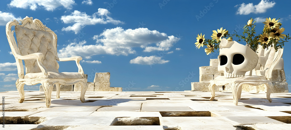 Voxelated Sunny Sky Scene Featuring Antique Chairs with Skulls and Sunflowers in a dreamlike setting