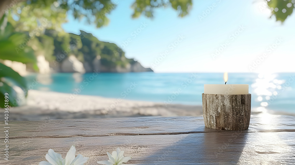 Warm Candlelight Glow on Wooden Table at Tropical Beach Paradise with Turquoise Ocean View on Sunny Day