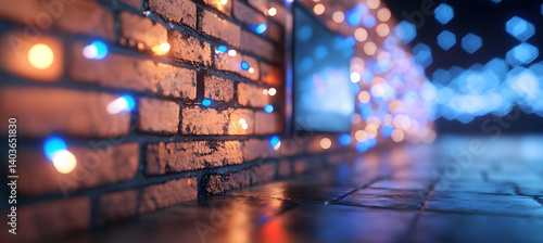 Obraz na płótnie Warm Brick Wall Adorned with Festive Orange and Blue Glowing Lights Creating a Cozy Urban Night Background w salonie