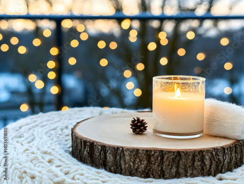 Obraz na płótnie Warm Candlelight Glow on Wooden Surface with Soft White Knitted Blanket and Bokeh Lights w salonie