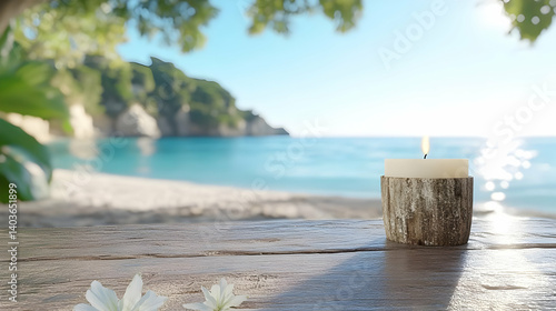 Obraz na płótnie Warm Candlelight Glow on Wooden Table at Tropical Beach Paradise with Turquoise Ocean View on Sunny Day w salonie