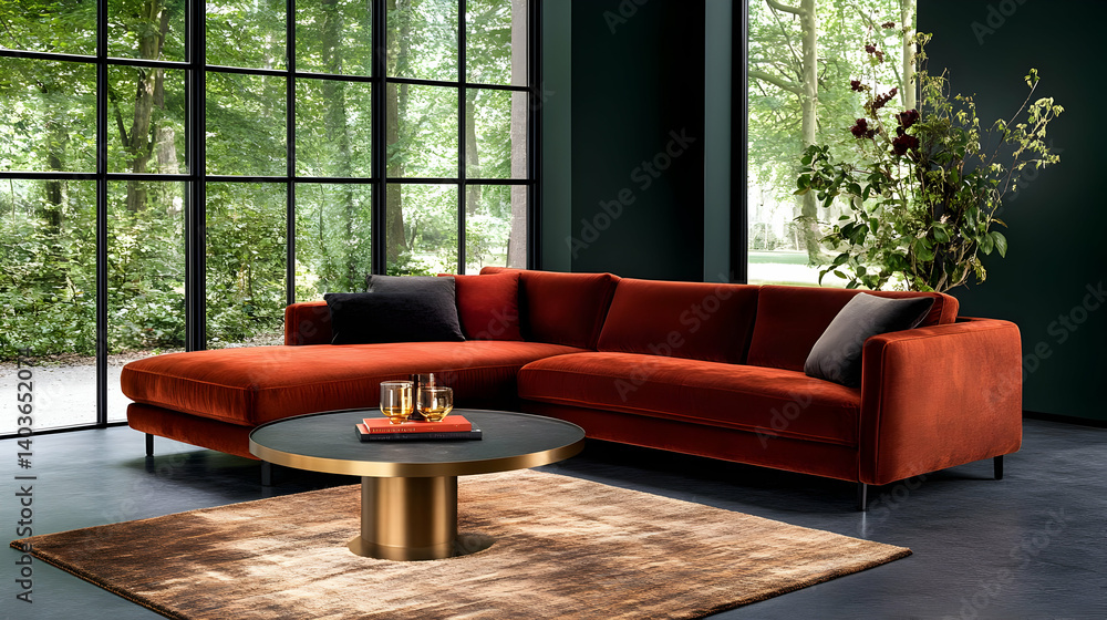 Warm Orange Modern Sofa with Black Pillows Coffee Table and Rug in Spacious Living Room with Natural Light