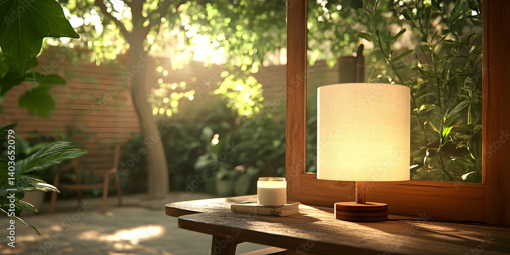Warm Illuminated Lamp Beside Window Overlooking Lush Green Garden Creating Cozy Indoor Ambiance with Wooden Table and Rustic Home Decor