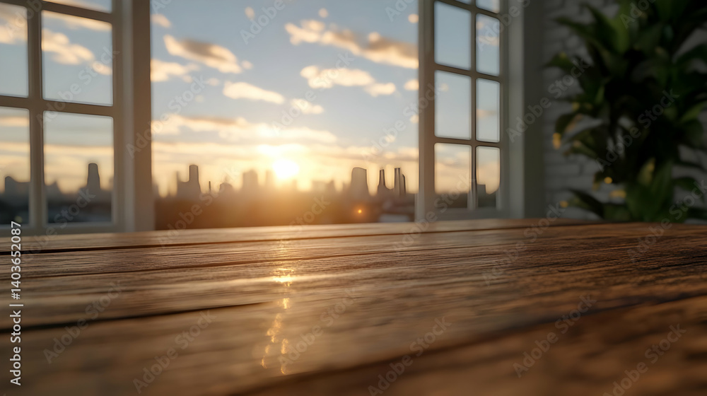 Warm Golden Sunrise Overlooking the City Skyline from a Wooden Table Next to a Domestic Plant Through an Open Window