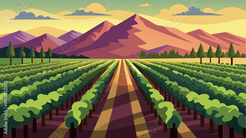 The rows of vines seem endless stretching across the landscape as far as the eye can see with mountains in the distance adding to the serene setting.