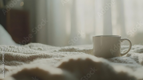 Warm Coffee Mug on Knit Blanket in Cozy Indoor Setting Featuring Soft Natural Light and Comfortable Bed Setting