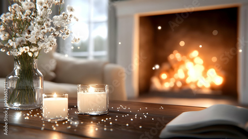 Warm Fireplace with Candles Flowers and Book in Cozy Living Room Interior